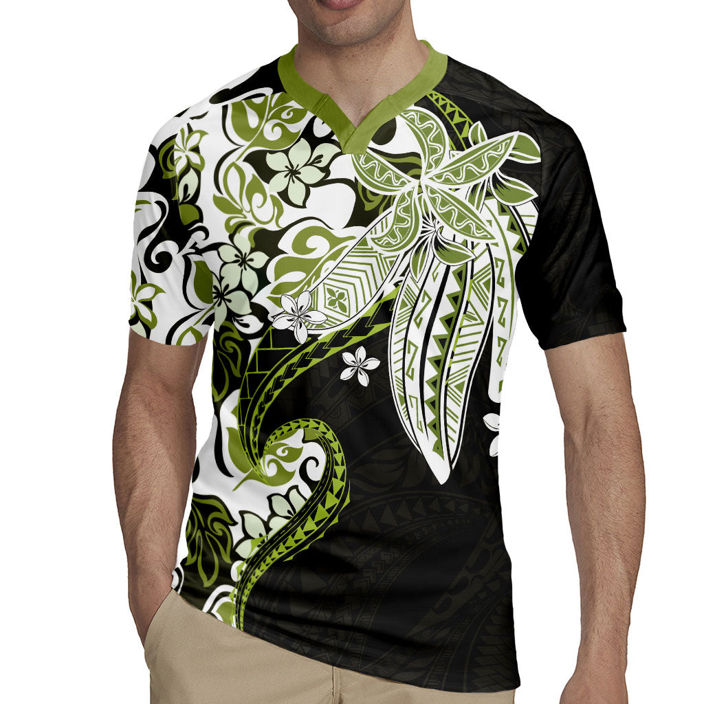 Monstera Plumeria Flowers Olive Green Rugby Jersey Polynesian Pattern