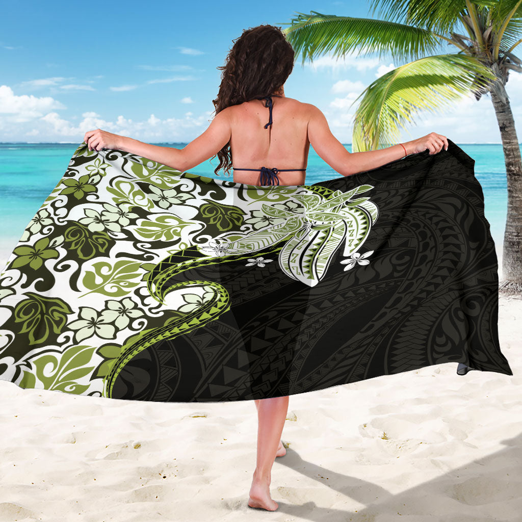 Monstera Plumeria Flowers Olive Green Sarong Polynesian Pattern