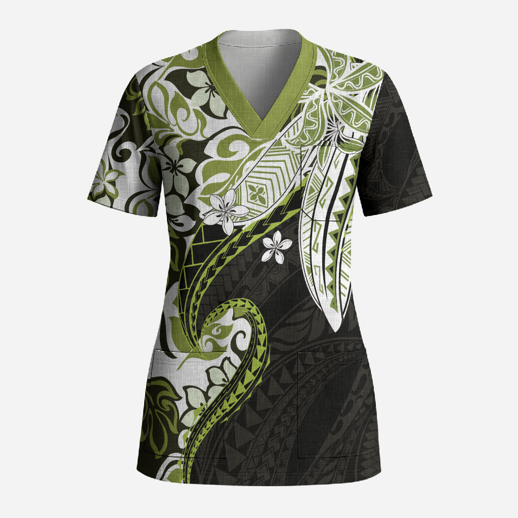 Monstera Plumeria Flowers Olive Green Scrub Top Polynesian Pattern