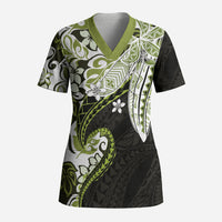 Monstera Plumeria Flowers Olive Green Scrub Top Polynesian Pattern