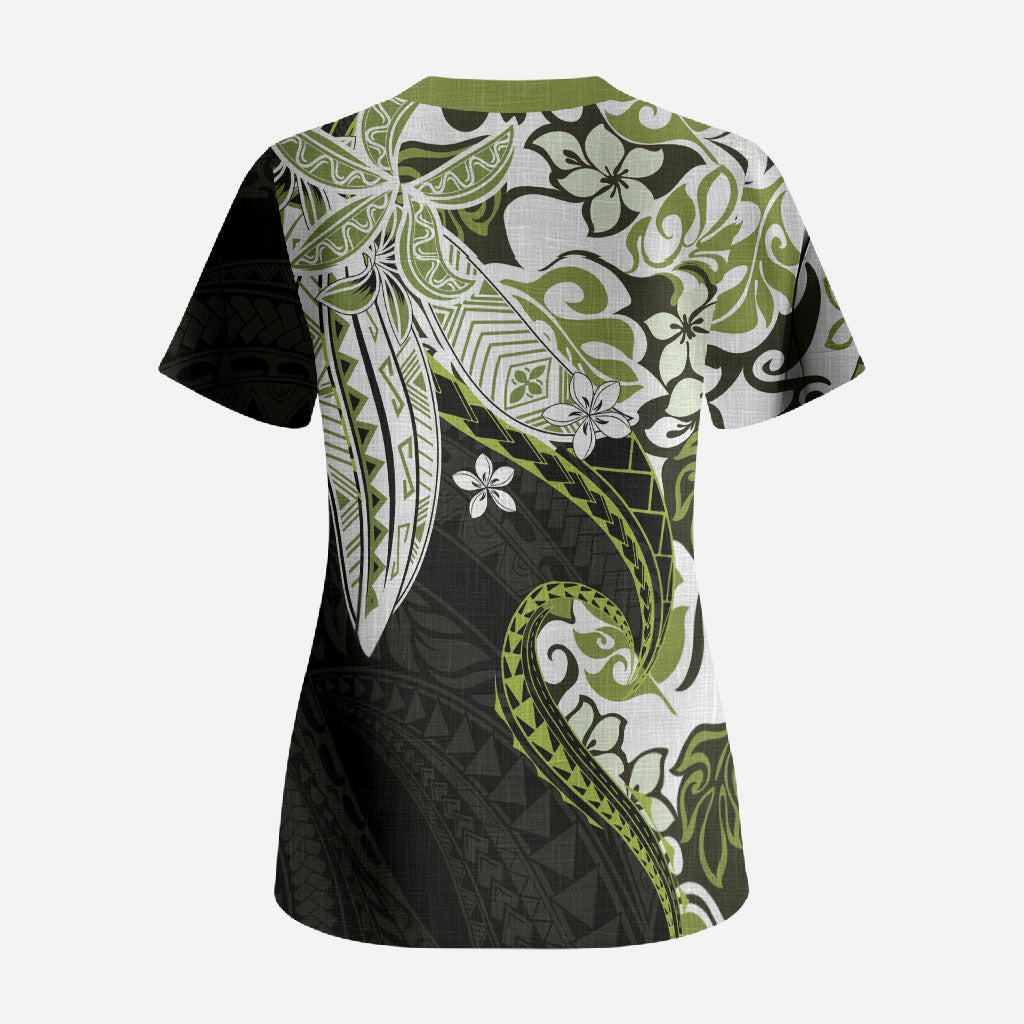Monstera Plumeria Flowers Olive Green Scrub Top Polynesian Pattern