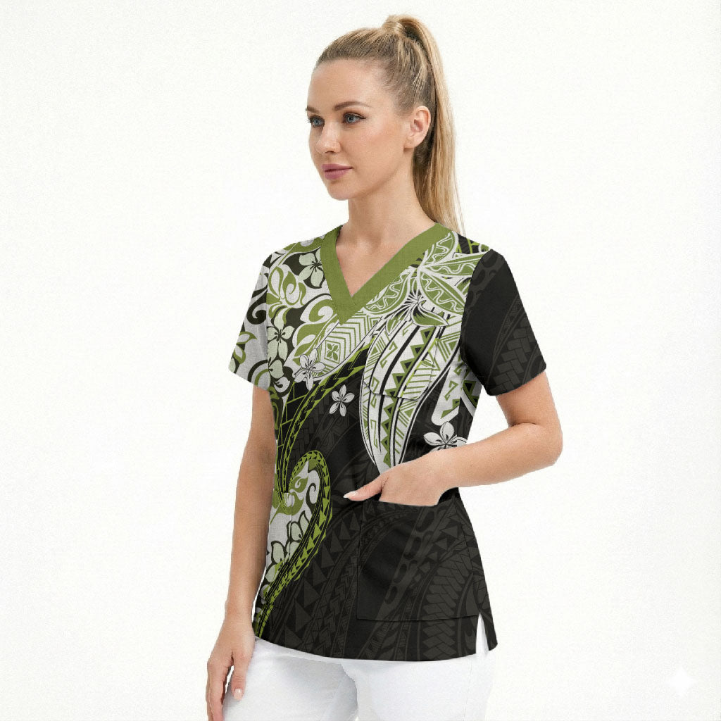 Monstera Plumeria Flowers Olive Green Scrub Top Polynesian Pattern