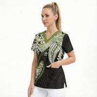 Monstera Plumeria Flowers Olive Green Scrub Top Polynesian Pattern