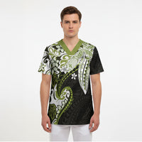 Monstera Plumeria Flowers Olive Green Scrub Top Polynesian Pattern