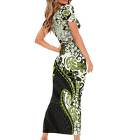 Monstera Plumeria Flowers Olive Green Short Sleeve Bodycon Dress Polynesian Pattern