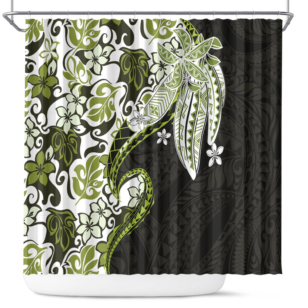 Monstera Plumeria Flowers Olive Green Shower Curtain Polynesian Pattern LT01 Green - Polynesian Pride