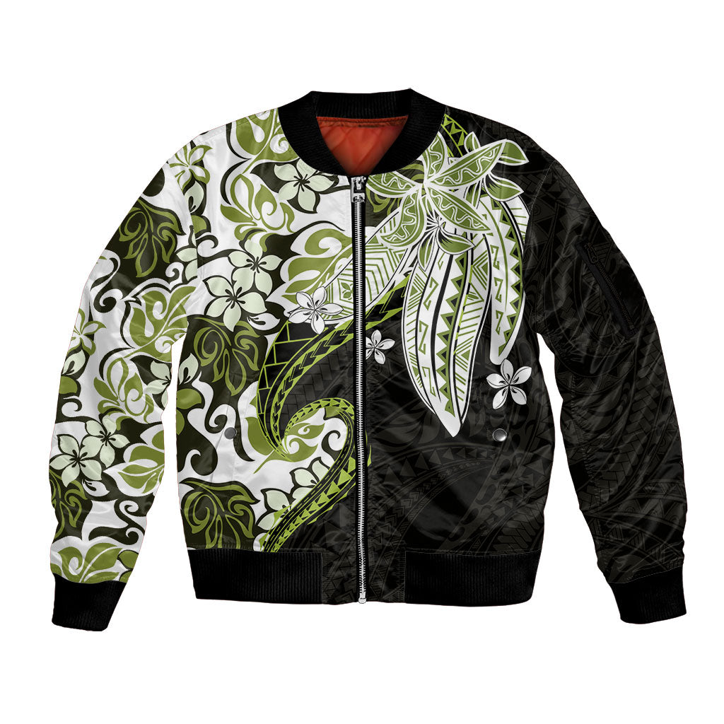 Monstera Plumeria Flowers Olive Green Sleeve Zip Bomber Jacket Polynesian Pattern LT01 Unisex Green - Polynesian Pride