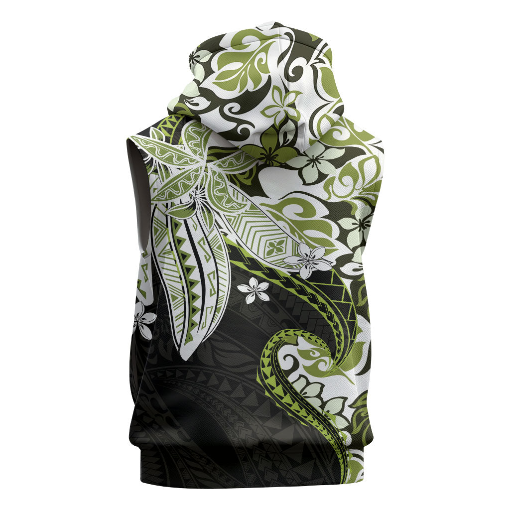 Monstera Plumeria Flowers Olive Green Sleeveless Hoodie Polynesian Pattern LT01 - Polynesian Pride