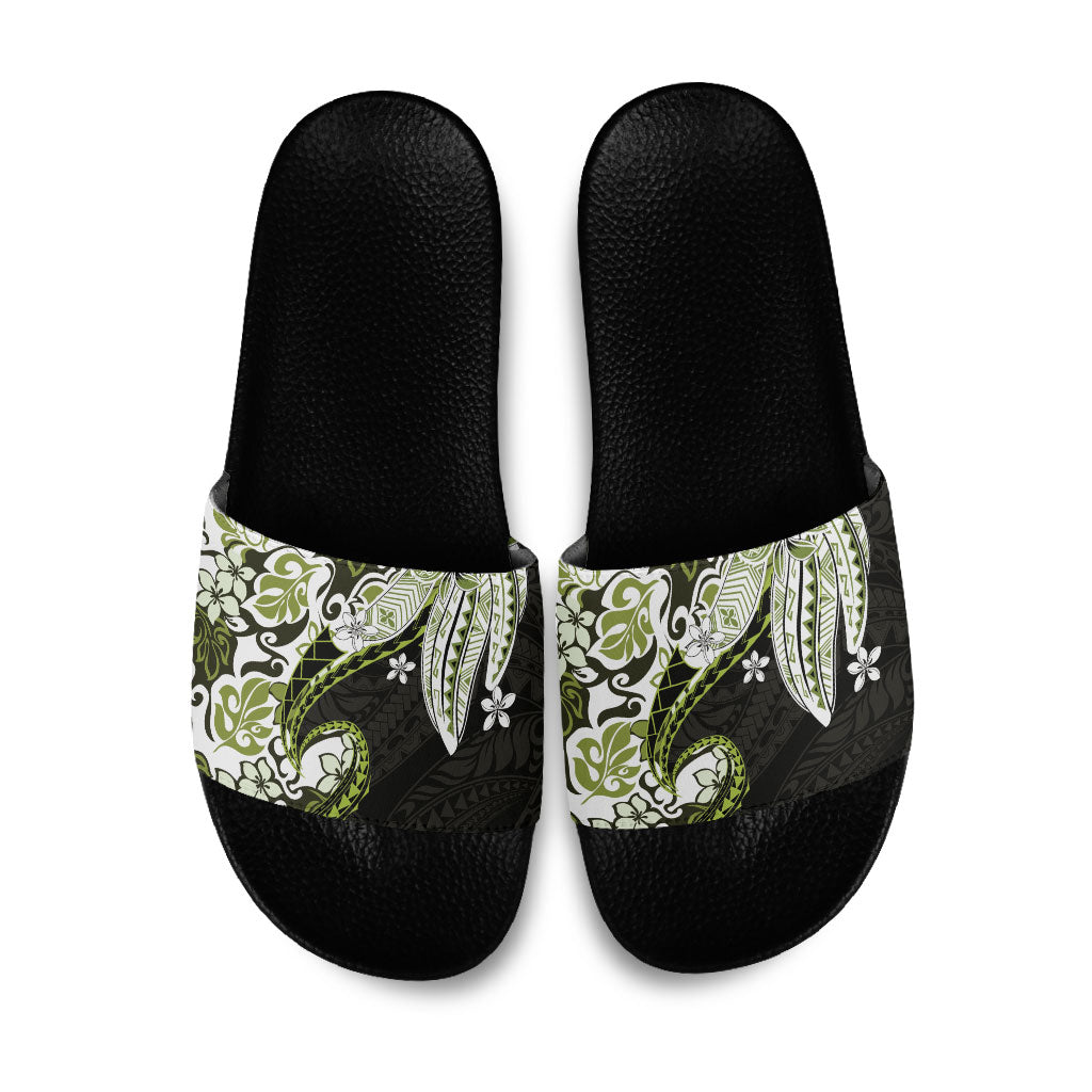 Monstera Plumeria Flowers Olive Green Slide Sandals Polynesian Pattern LT01 Green - Polynesian Pride