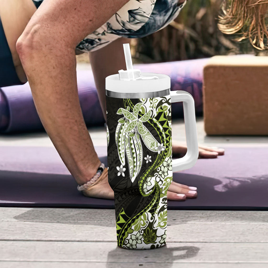 Monstera Plumeria Flowers Olive Green Tumbler With Handle Polynesian Pattern LT01 - Polynesian Pride