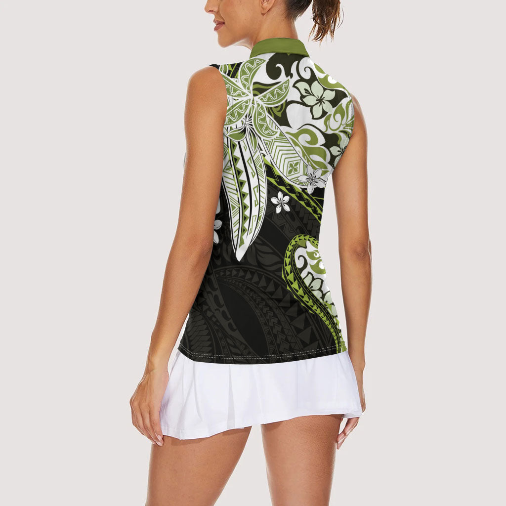 Monstera Plumeria Flowers Olive Green Women Sleeveless Polo Shirt Polynesian Pattern