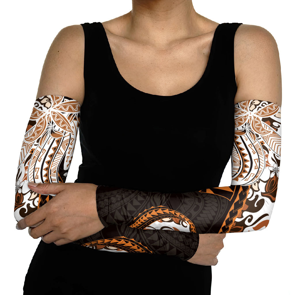 Monstera Plumeria Flowers Orange Arm Sleeves Polynesian Pattern