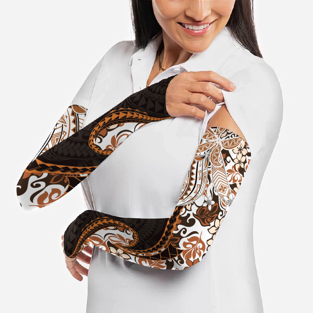 Monstera Plumeria Flowers Orange Arm Sleeves Polynesian Pattern