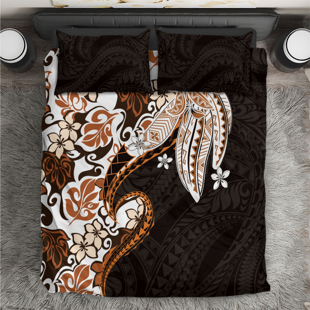 Monstera Plumeria Flowers Orange Bedding Set Polynesian Pattern