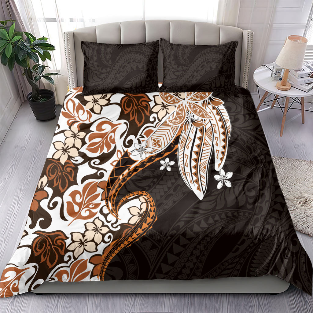 Monstera Plumeria Flowers Orange Bedding Set Polynesian Pattern