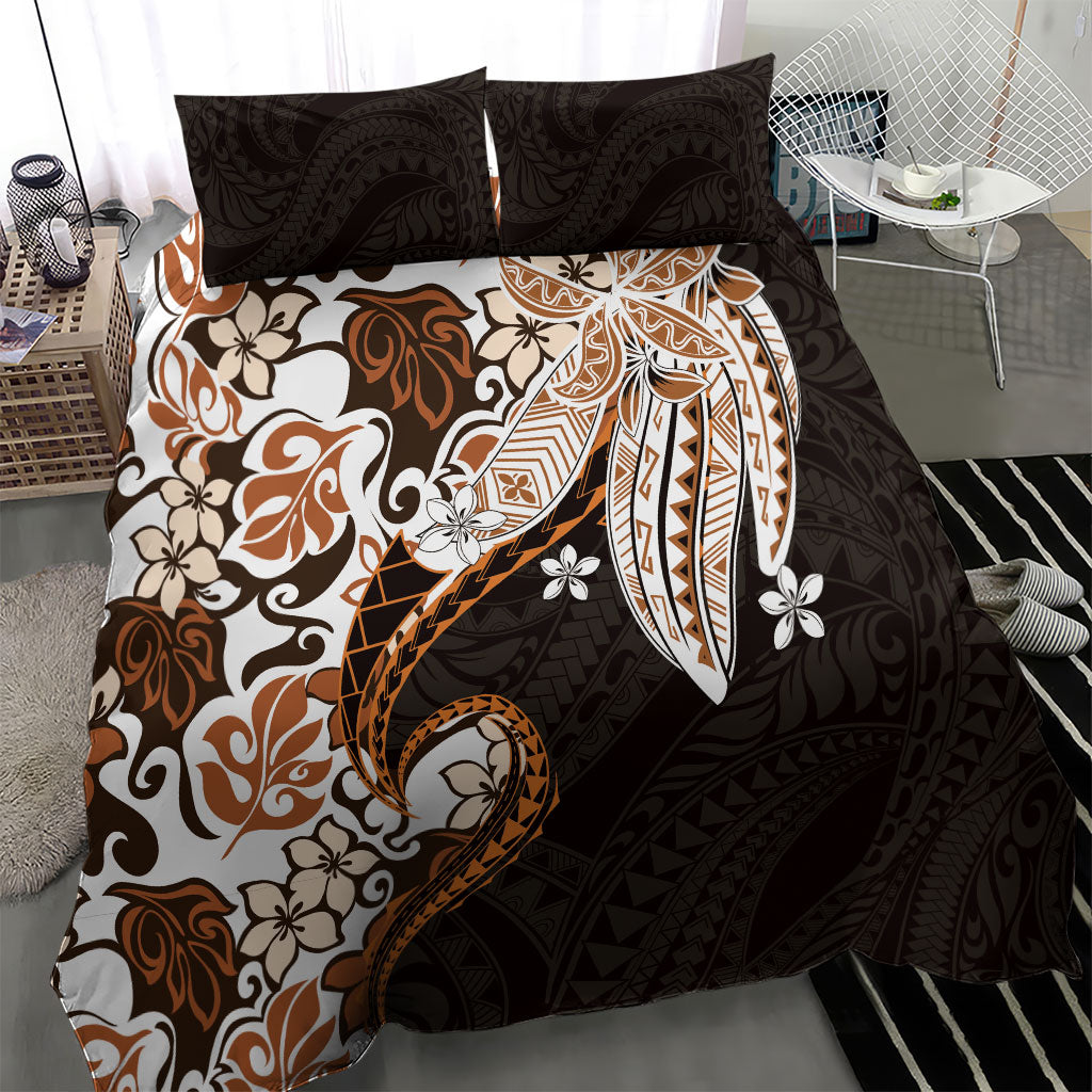 Monstera Plumeria Flowers Orange Bedding Set Polynesian Pattern