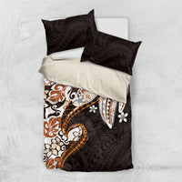 Monstera Plumeria Flowers Orange Bedding Set Polynesian Pattern