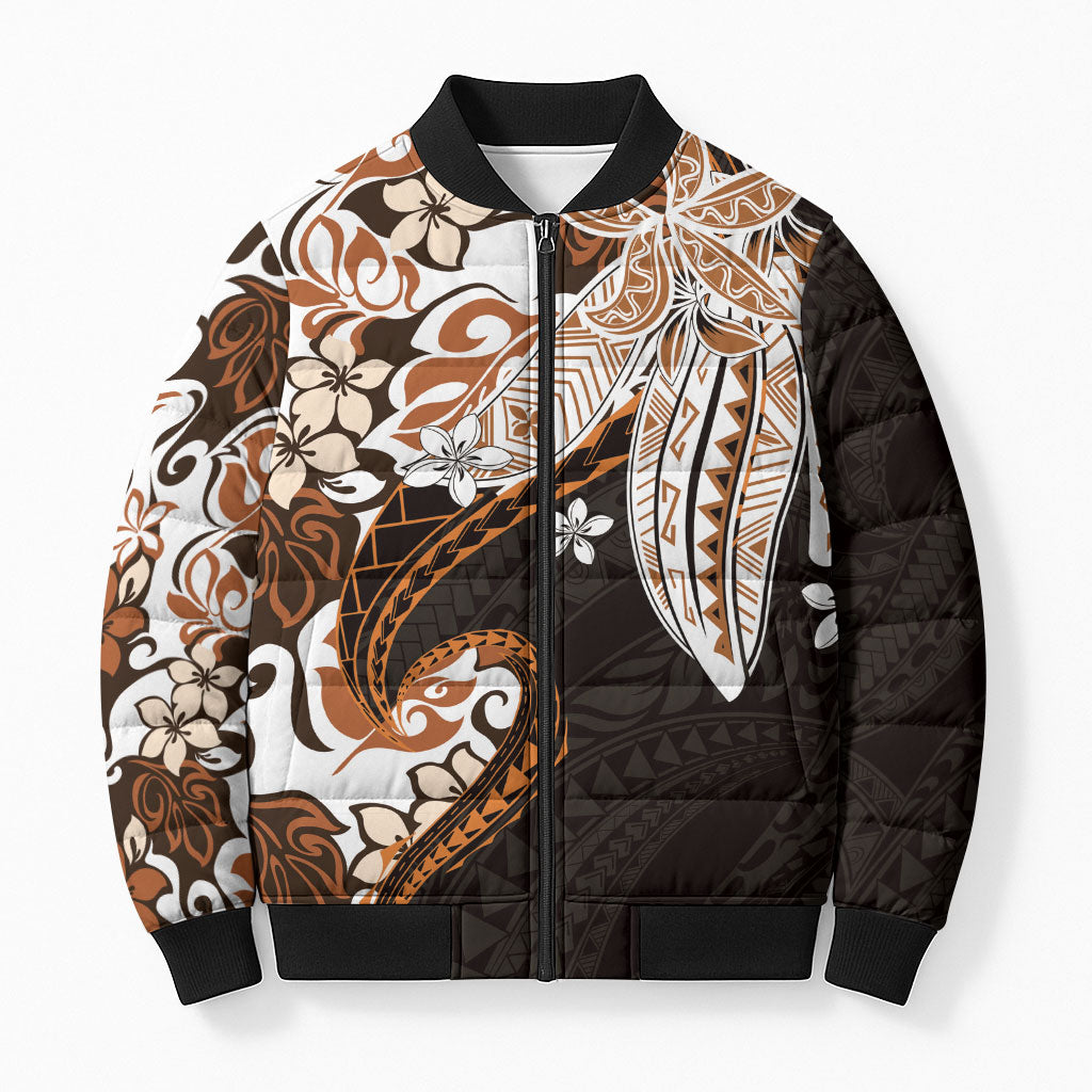 Monstera Plumeria Flowers Orange Bomber Puffer Jacket Polynesian Pattern