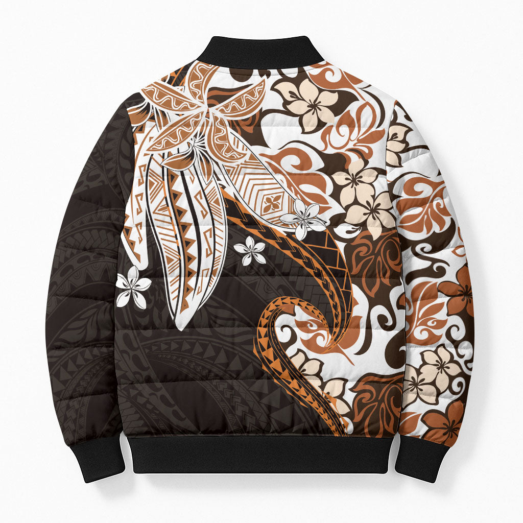 Monstera Plumeria Flowers Orange Bomber Puffer Jacket Polynesian Pattern