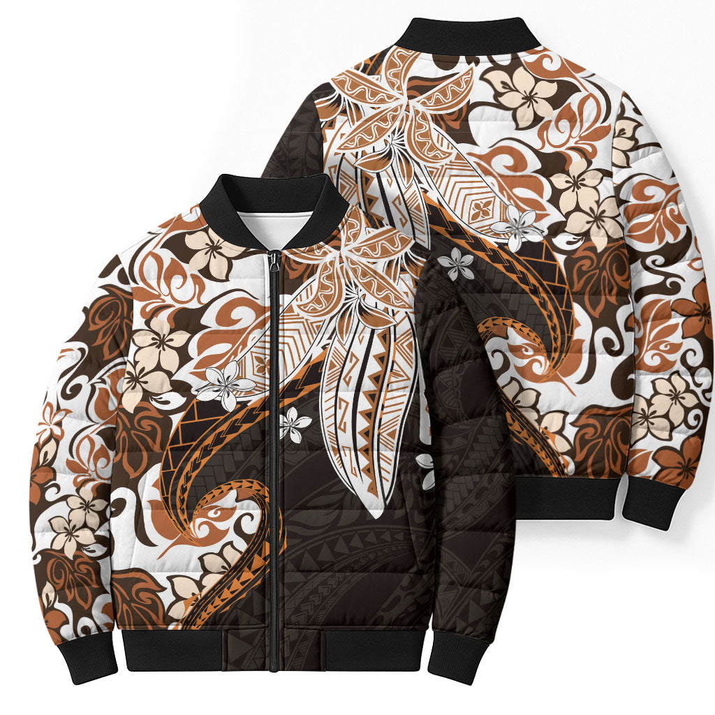 Monstera Plumeria Flowers Orange Bomber Puffer Jacket Polynesian Pattern