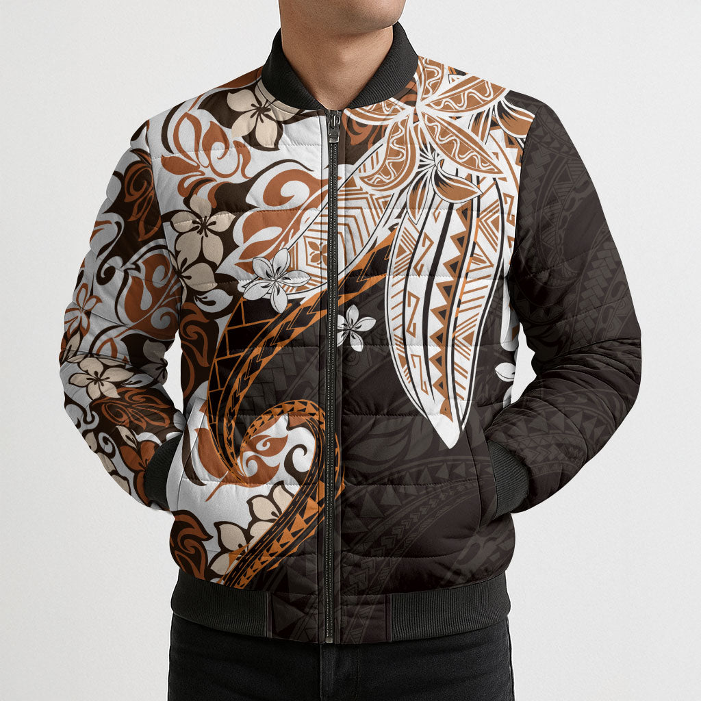 Monstera Plumeria Flowers Orange Bomber Puffer Jacket Polynesian Pattern