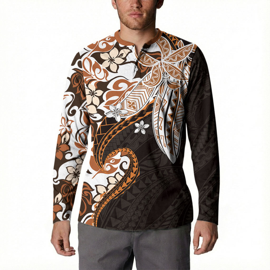 Monstera Plumeria Flowers Orange Button Sweatshirt Polynesian Pattern