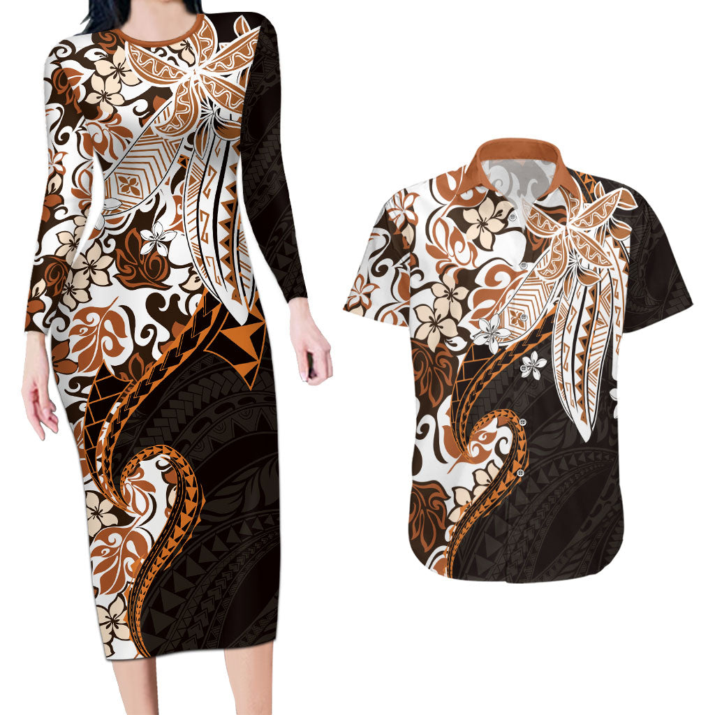 Monstera Plumeria Flowers Orange Couples Matching Long Sleeve Bodycon Dress and Hawaiian Shirt Polynesian Pattern