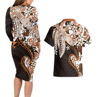 Monstera Plumeria Flowers Orange Couples Matching Long Sleeve Bodycon Dress and Hawaiian Shirt Polynesian Pattern LT01 - Polynesian Pride