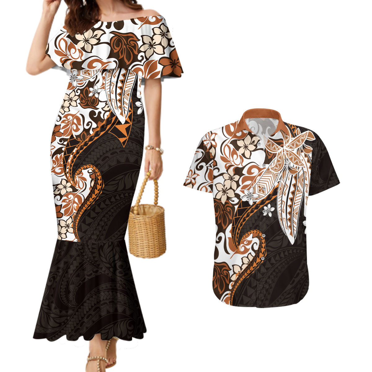 Monstera Plumeria Flowers Orange Couples Matching Mermaid Dress and Hawaiian Shirt Polynesian Pattern LT01 Orange - Polynesian Pride