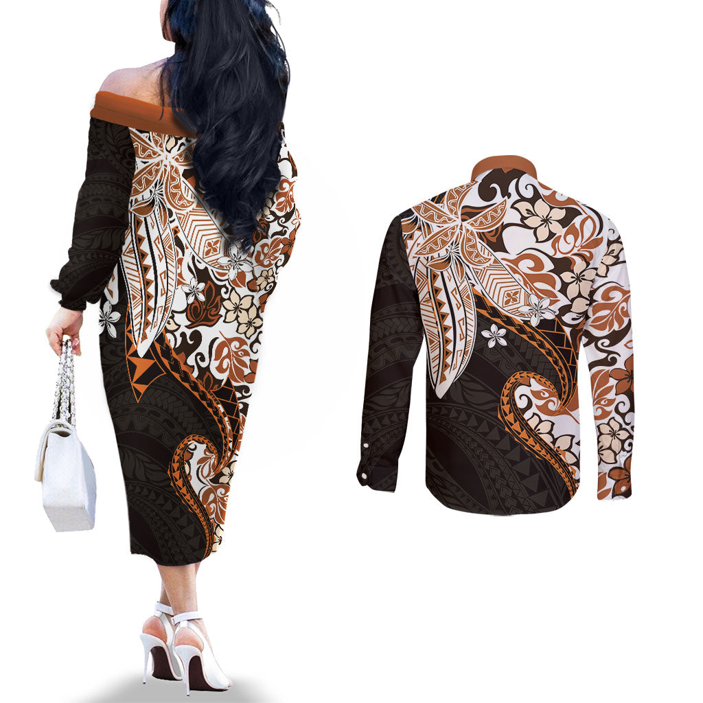 Monstera Plumeria Flowers Orange Couples Matching Off The Shoulder Long Sleeve Dress and Long Sleeve Button Shirt Polynesian Pattern LT01 - Polynesian Pride