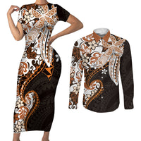 Monstera Plumeria Flowers Orange Couples Matching Short Sleeve Bodycon Dress and Long Sleeve Button Shirt Polynesian Pattern