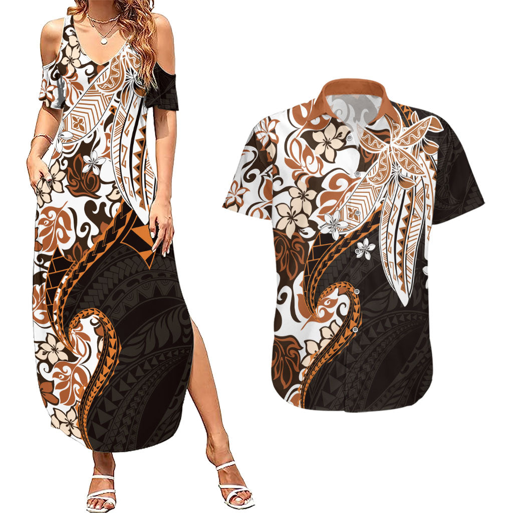 Monstera Plumeria Flowers Orange Couples Matching Summer Maxi Dress and Hawaiian Shirt Polynesian Pattern