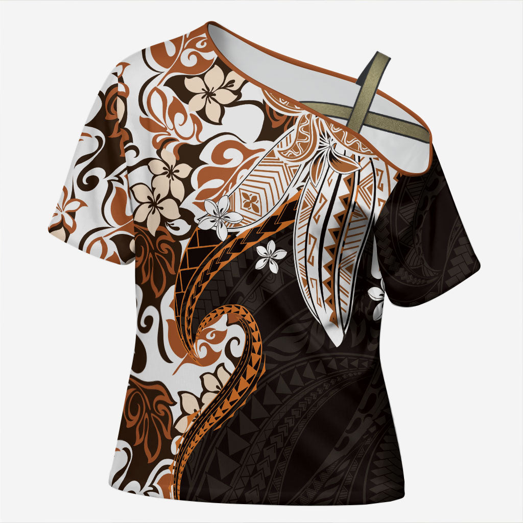 Monstera Plumeria Flowers Orange Cross Shoulder Shirt Polynesian Pattern LT01 Female Orange - Polynesian Pride