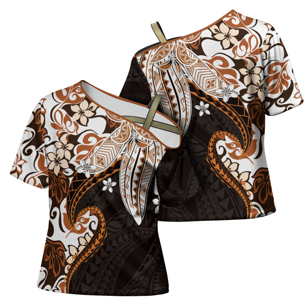 Monstera Plumeria Flowers Orange Cross Shoulder Shirt Polynesian Pattern LT01 - Polynesian Pride