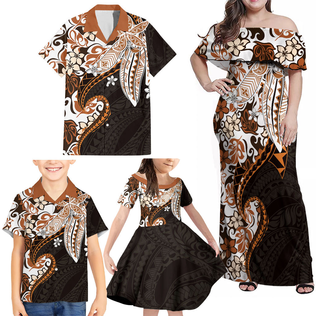 Monstera Plumeria Flowers Orange Family Matching Off Shoulder Maxi Dress and Hawaiian Shirt Polynesian Pattern LT01 - Polynesian Pride