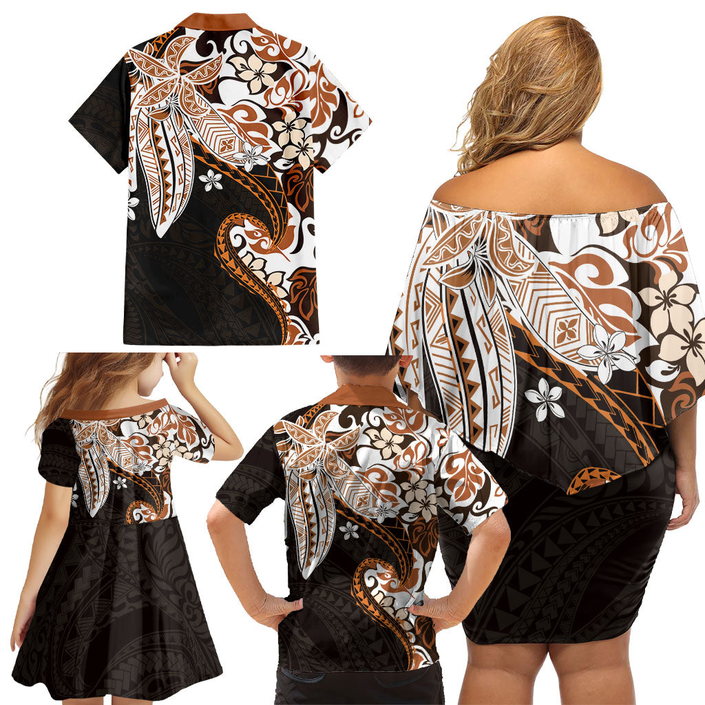 Monstera Plumeria Flowers Orange Family Matching Off Shoulder Short Dress and Hawaiian Shirt Polynesian Pattern LT01 - Polynesian Pride