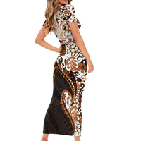 Monstera Plumeria Flowers Orange Family Matching Short Sleeve Bodycon Dress and Hawaiian Shirt Polynesian Pattern