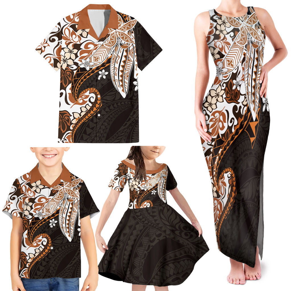 Monstera Plumeria Flowers Orange Family Matching Tank Maxi Dress and Hawaiian Shirt Polynesian Pattern