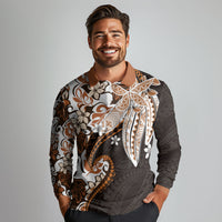Monstera Plumeria Flowers Orange Long Sleeve Polo Shirt Polynesian Pattern