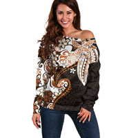 Monstera Plumeria Flowers Orange Off Shoulder Sweater Polynesian Pattern