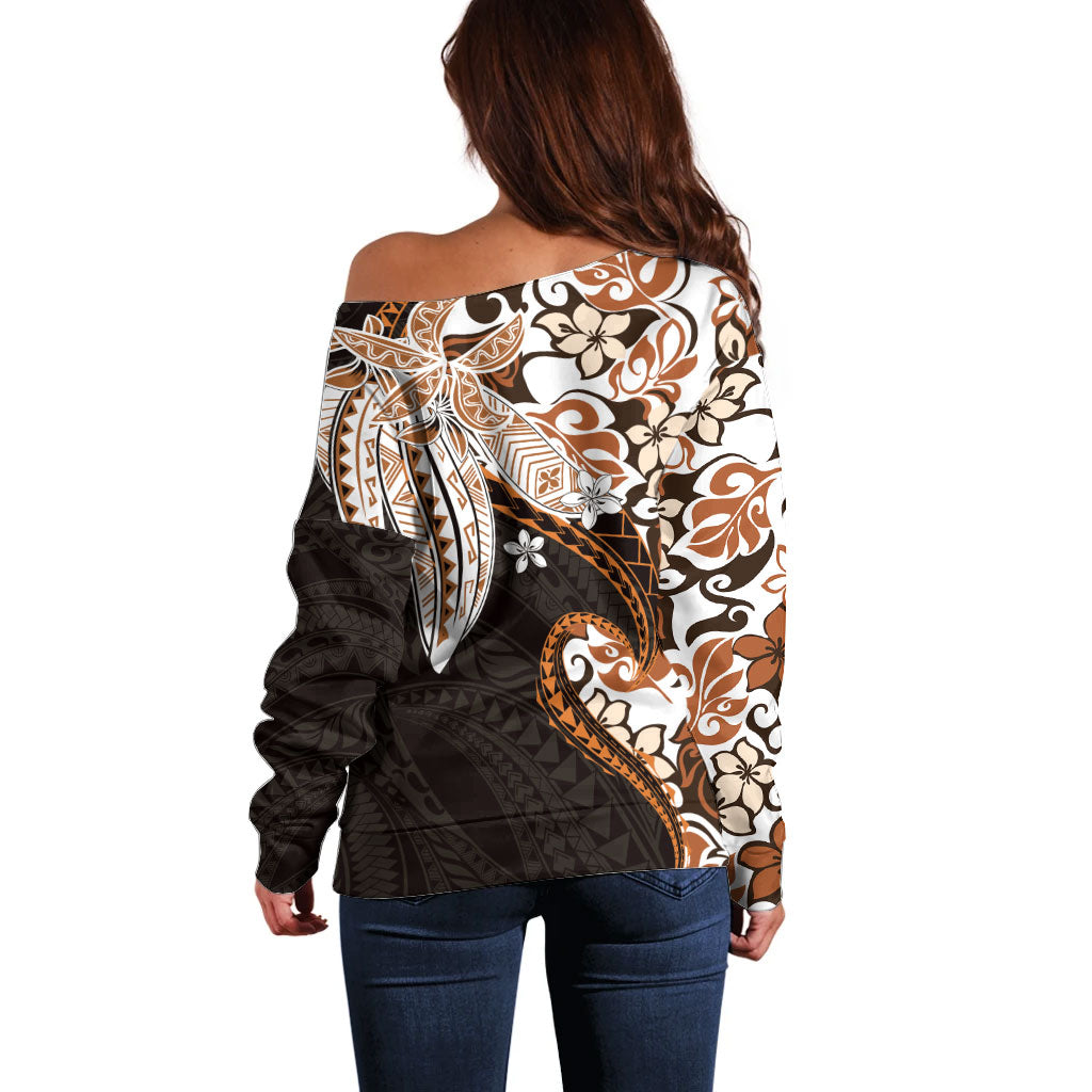 Monstera Plumeria Flowers Orange Off Shoulder Sweater Polynesian Pattern