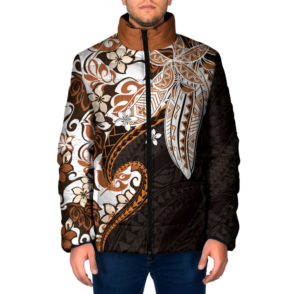 Monstera Plumeria Flowers Orange Padded Jacket Polynesian Pattern