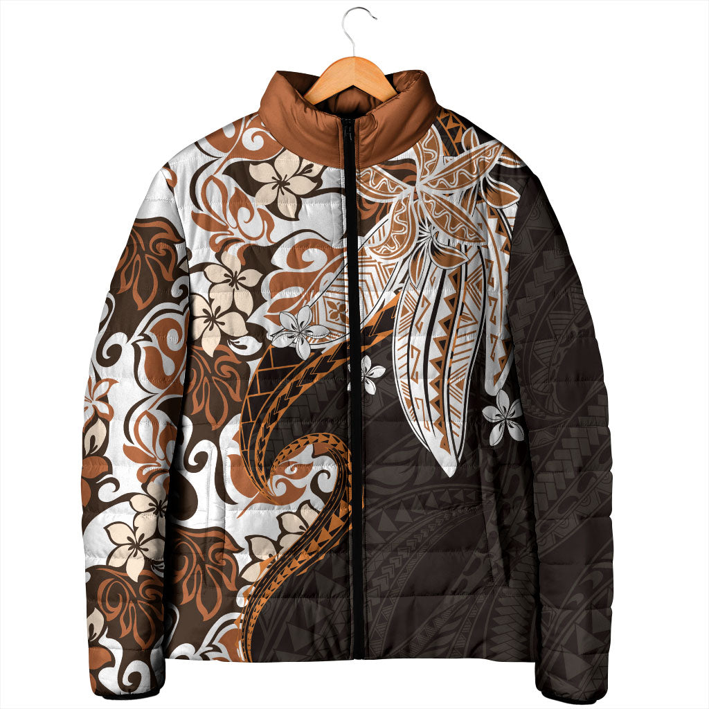 Monstera Plumeria Flowers Orange Padded Jacket Polynesian Pattern