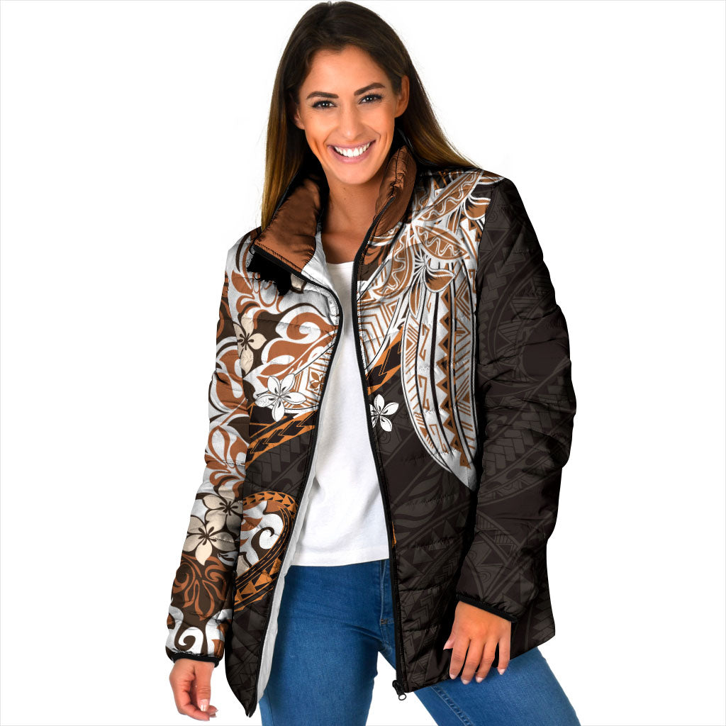 Monstera Plumeria Flowers Orange Padded Jacket Polynesian Pattern