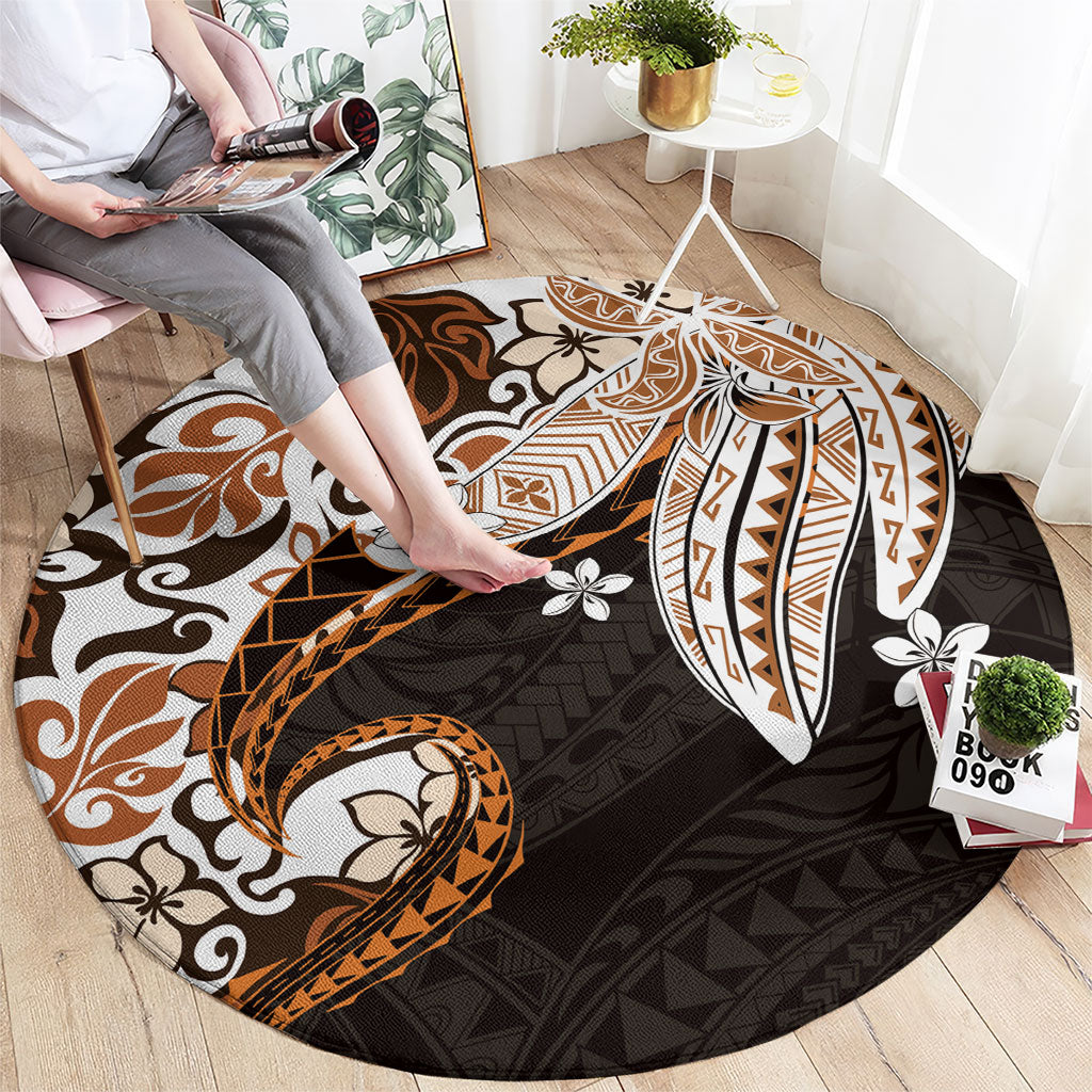 Monstera Plumeria Flowers Orange Round Carpet Polynesian Pattern