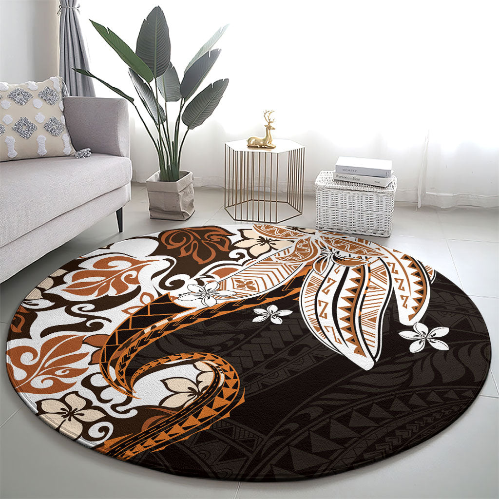 Monstera Plumeria Flowers Orange Round Carpet Polynesian Pattern