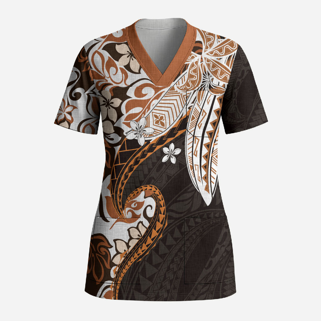 Monstera Plumeria Flowers Orange Scrub Top Polynesian Pattern LT01 Adult Orange - Polynesian Pride