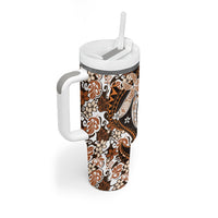 Monstera Plumeria Flowers Orange Tumbler With Handle Polynesian Pattern