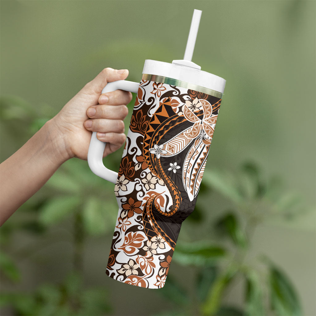Monstera Plumeria Flowers Orange Tumbler With Handle Polynesian Pattern