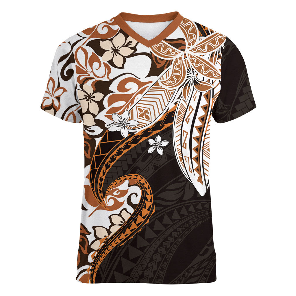 Monstera Plumeria Flowers Orange Women V-Neck T-Shirt Polynesian Pattern LT01 Female Orange - Polynesian Pride